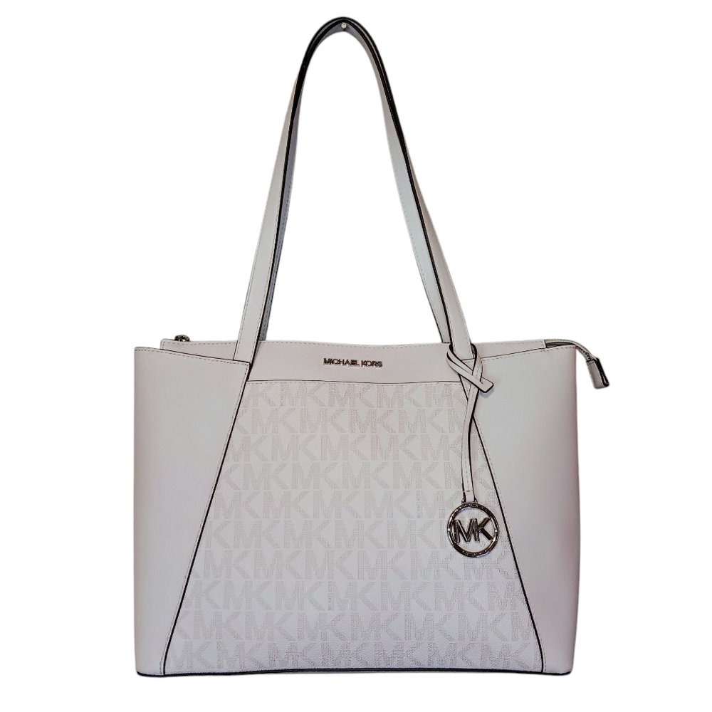 Michael Kors White/Silver Maddie Top-Zip Logo Leather Tote Bag. NWOT